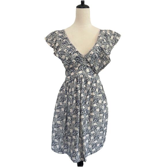 Anthropologie NWT Tunic Mini Dress Womens XS Blue Motif V-Neck Plunge Tassel Tie - Picture 1 of 12
